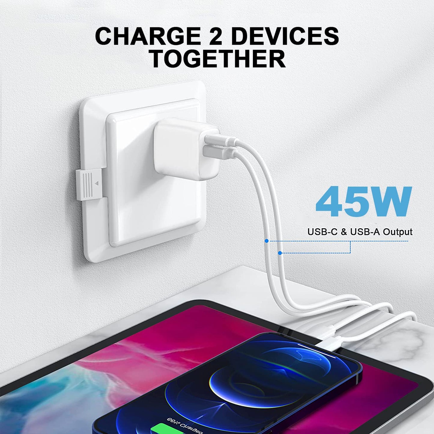 BlackBoar TurboCharge PD QC 45W 2 in 1 PD 3.0 Dual Port Wall Charger Type-C Adapter for Android, iPhone 16/15/15 Plus/15 Pro/15 Pro Max,14/14 Plus/14 Pro/Max,13/12 Series Fast Charging BIS Certified