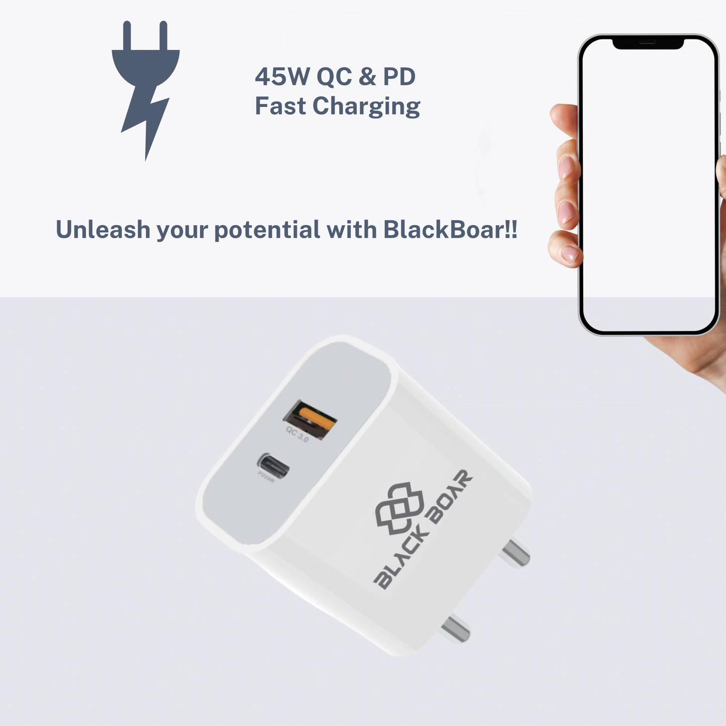 BlackBoar TurboCharge PD QC 45W 2 in 1 PD 3.0 Dual Port Wall Charger Type-C Adapter for Android, iPhone 16/15/15 Plus/15 Pro/15 Pro Max,14/14 Plus/14 Pro/Max,13/12 Series Fast Charging BIS Certified