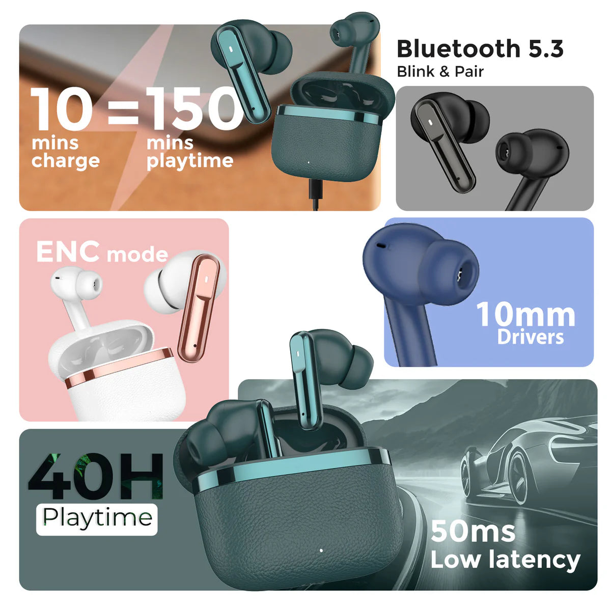 BlackBoar Leaf Truly Wireless in Ear Earbuds with 40H Playtime, ENC Mic, 50ms Low Latency, 10mm Bass Drivers, Type-C Fast Charging, IPX5 Ear Buds TWS (BLACK)