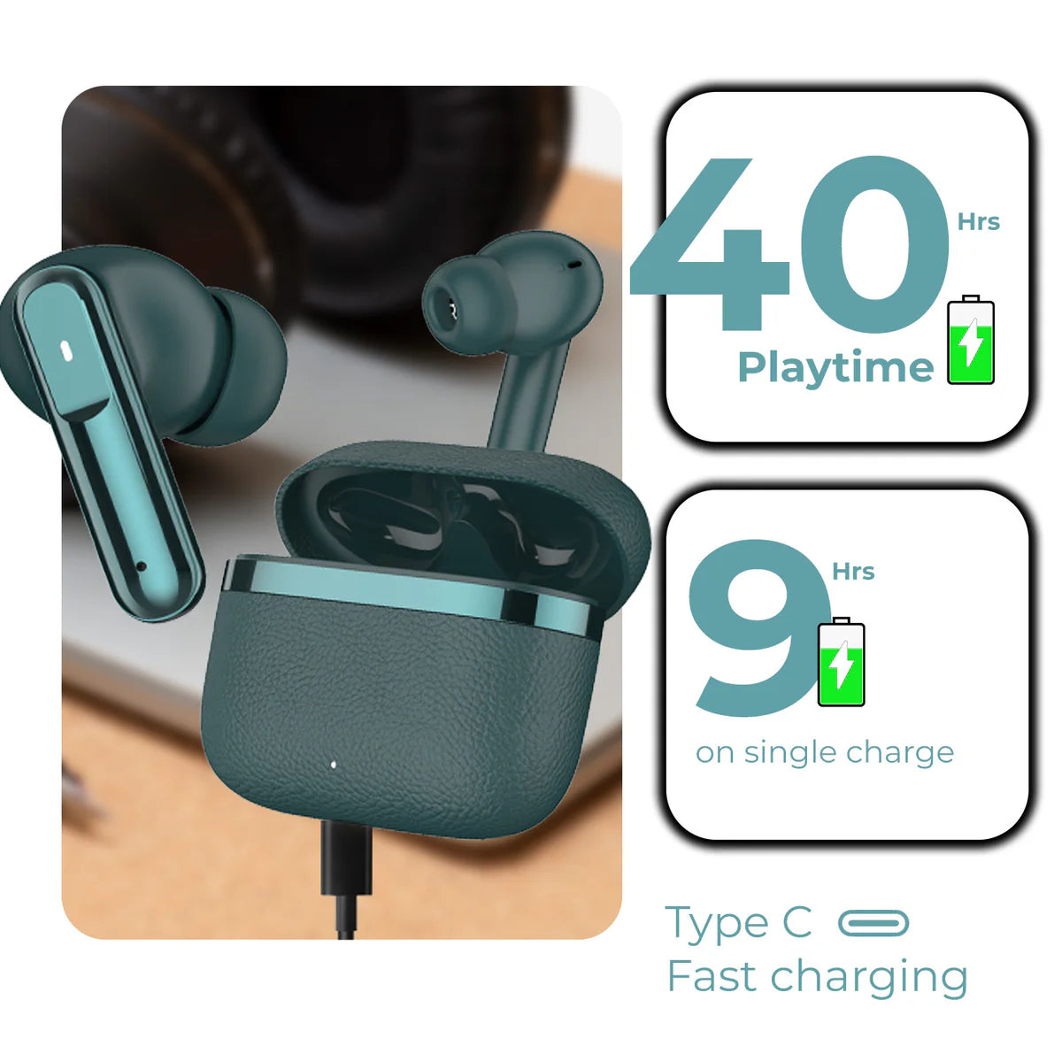 BlackBoar Leaf Truly Wireless in Ear Earbuds with 40H Playtime, ENC Mic, 50ms Low Latency, 10mm Bass Drivers, Type-C Fast Charging, IPX5 Ear Buds TWS (GREEN)