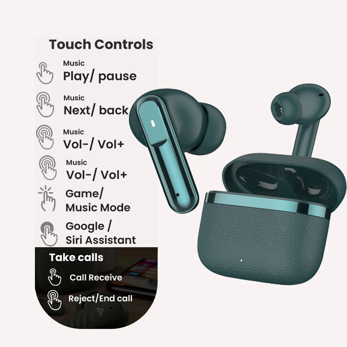 BlackBoar Leaf Truly Wireless in Ear Earbuds with 40H Playtime, ENC Mic, 50ms Low Latency, 10mm Bass Drivers, Type-C Fast Charging, IPX5 Ear Buds TWS (GREEN)