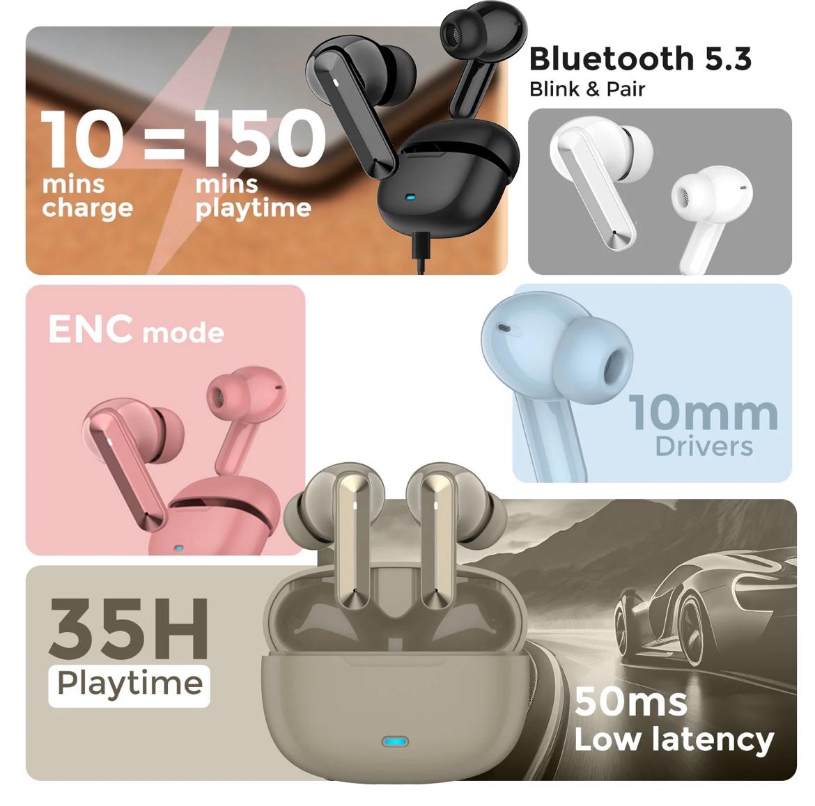 BlackBoar Truly Wireless in Ear Earbuds with 35H Playtime, ENC Mic, 50ms Low Latency, 10mm Bass Drivers, Type-C Fast Charging, IPX5 Ear Buds TWS (Blue)