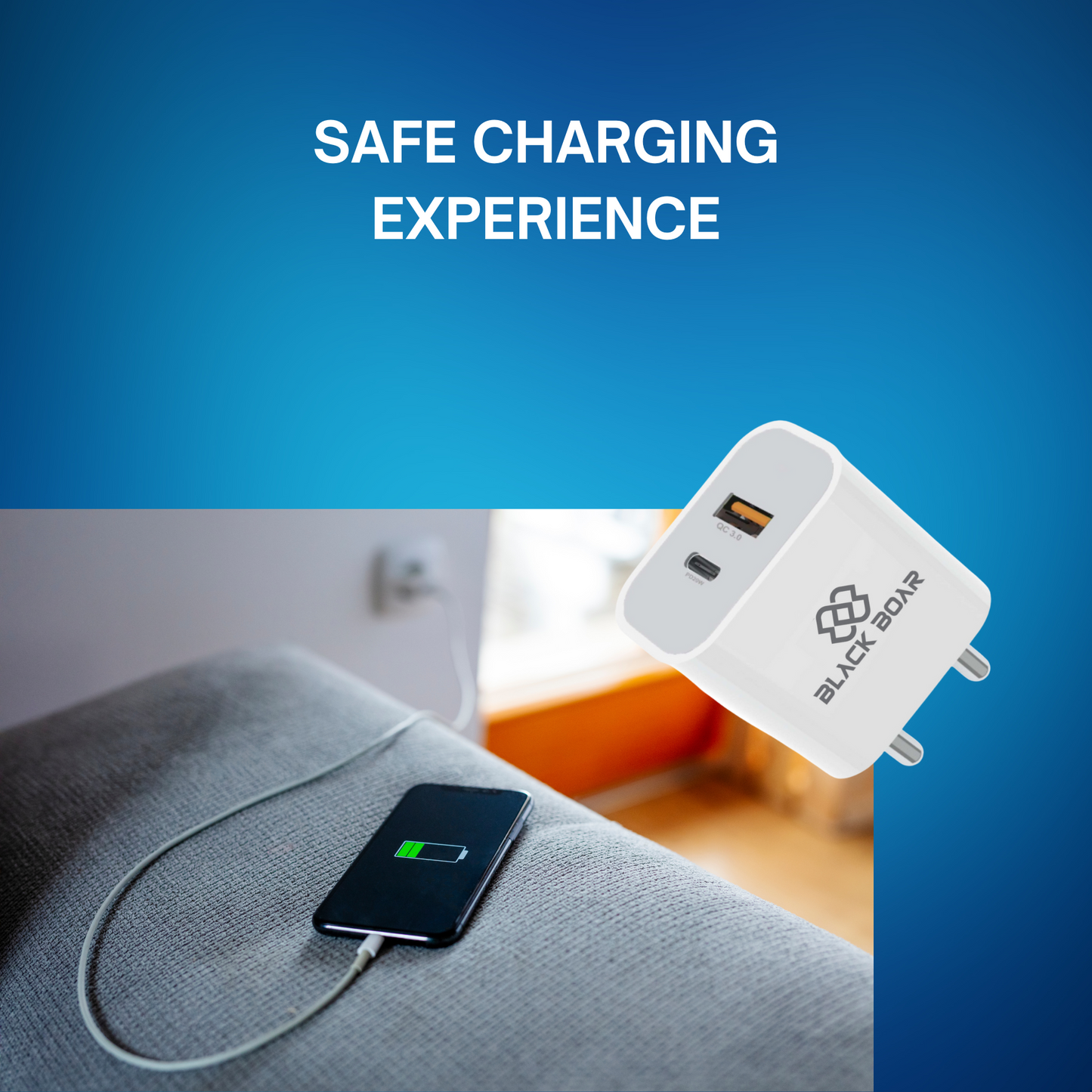 BlackBoar TurboCharge PD QC 45W 2 in 1 PD 3.0 Dual Port Wall Charger Type-C Adapter for Android, iPhone 16/15/15 Plus/15 Pro/15 Pro Max,14/14 Plus/14 Pro/Max,13/12 Series Fast Charging BIS Certified